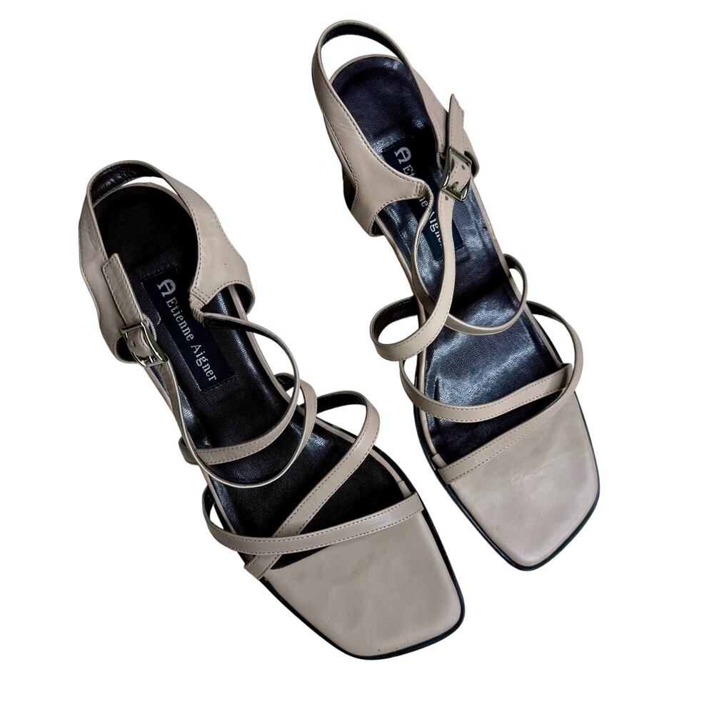 ETIENNE AIGNER Leather Strappy Square Toe Block Heel Sandal Beige Women's 10